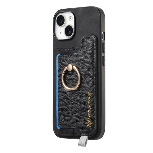 For iPhone 14 Plus Retro Magsafe Cross Leather Ring Holder Card Bag Phone Case(Black) - iPhone 14 Plus Cases by buy2fix | Online Shopping UK | buy2fix
