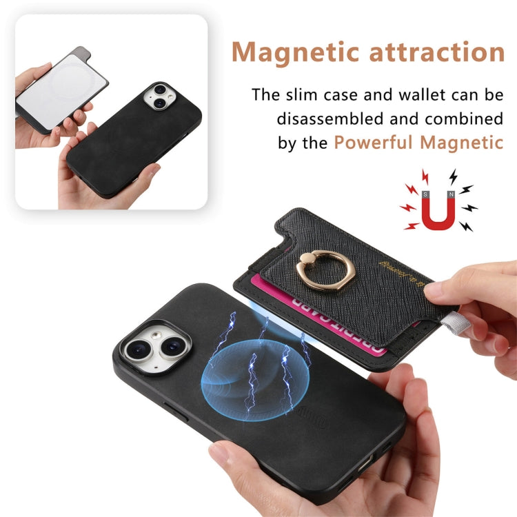 For iPhone 14 Plus Retro Magsafe Cross Leather Ring Holder Card Bag Phone Case(Black) - iPhone 14 Plus Cases by buy2fix | Online Shopping UK | buy2fix