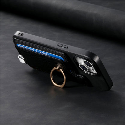 For iPhone 14 Plus Retro Magsafe Cross Leather Ring Holder Card Bag Phone Case(Black) - iPhone 14 Plus Cases by buy2fix | Online Shopping UK | buy2fix