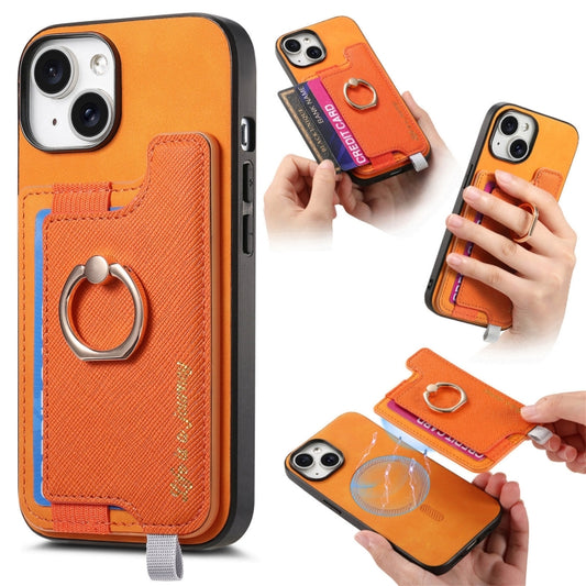 For iPhone 15 Retro Magsafe Cross Leather Ring Holder Card Bag Phone Case(Yellow) - iPhone 15 Cases by buy2fix | Online Shopping UK | buy2fix