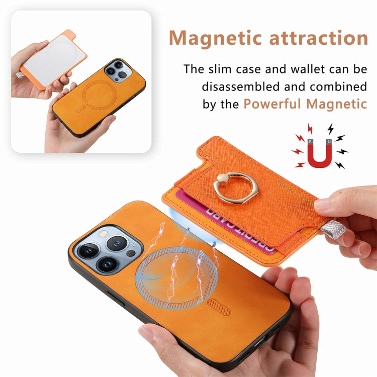 For iPhone 15 Retro Magsafe Cross Leather Ring Holder Card Bag Phone Case(Yellow) - iPhone 15 Cases by buy2fix | Online Shopping UK | buy2fix