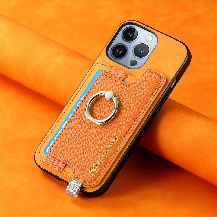 For iPhone 15 Retro Magsafe Cross Leather Ring Holder Card Bag Phone Case(Yellow) - iPhone 15 Cases by buy2fix | Online Shopping UK | buy2fix