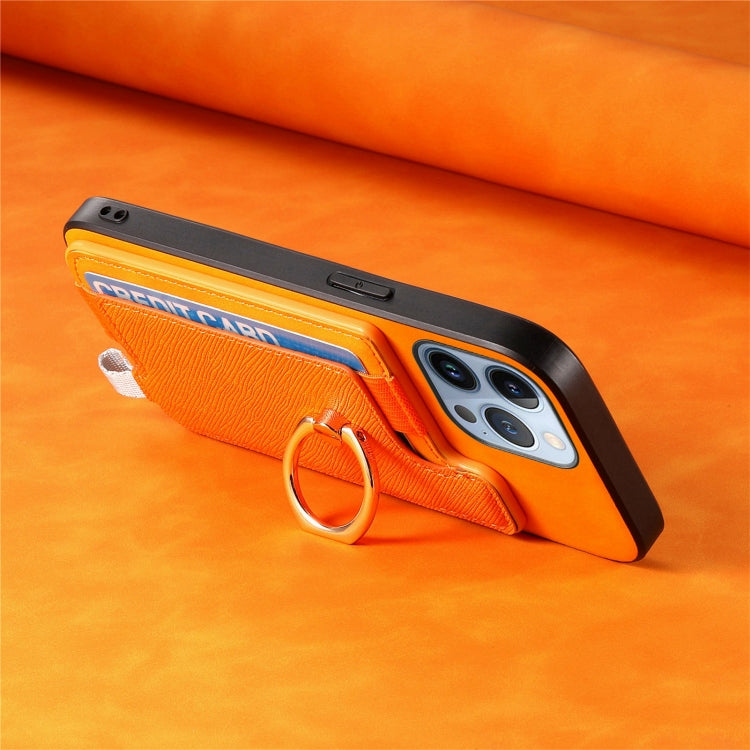 For iPhone 15 Retro Magsafe Cross Leather Ring Holder Card Bag Phone Case(Yellow) - iPhone 15 Cases by buy2fix | Online Shopping UK | buy2fix