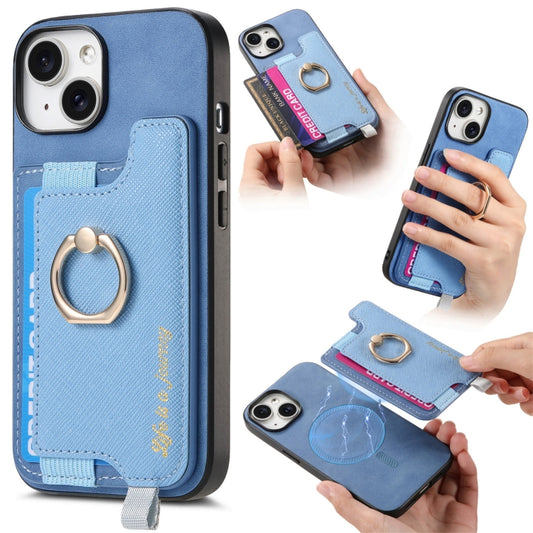 For iPhone 15 Retro Magsafe Cross Leather Ring Holder Card Bag Phone Case(Blue) - iPhone 15 Cases by buy2fix | Online Shopping UK | buy2fix