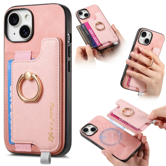 For iPhone 15 Retro Magsafe Cross Leather Ring Holder Card Bag Phone Case(Pink) - iPhone 15 Cases by buy2fix | Online Shopping UK | buy2fix
