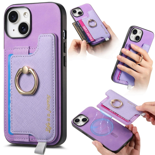 For iPhone 15 Retro Magsafe Cross Leather Ring Holder Card Bag Phone Case(Purple) - iPhone 15 Cases by buy2fix | Online Shopping UK | buy2fix