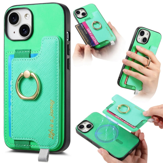 For iPhone 15 Retro Magsafe Cross Leather Ring Holder Card Bag Phone Case(Green) - iPhone 15 Cases by buy2fix | Online Shopping UK | buy2fix