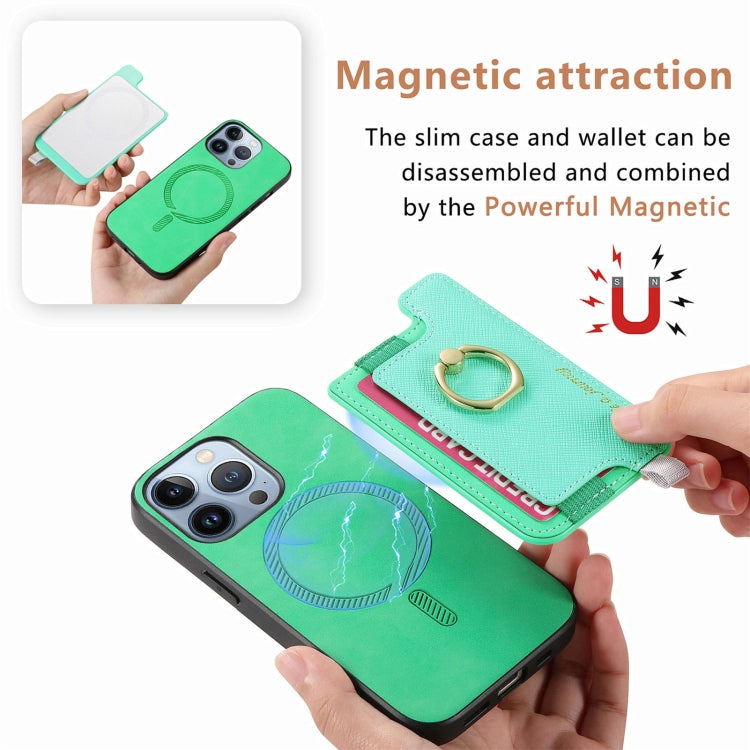 For iPhone 15 Retro Magsafe Cross Leather Ring Holder Card Bag Phone Case(Green) - iPhone 15 Cases by buy2fix | Online Shopping UK | buy2fix