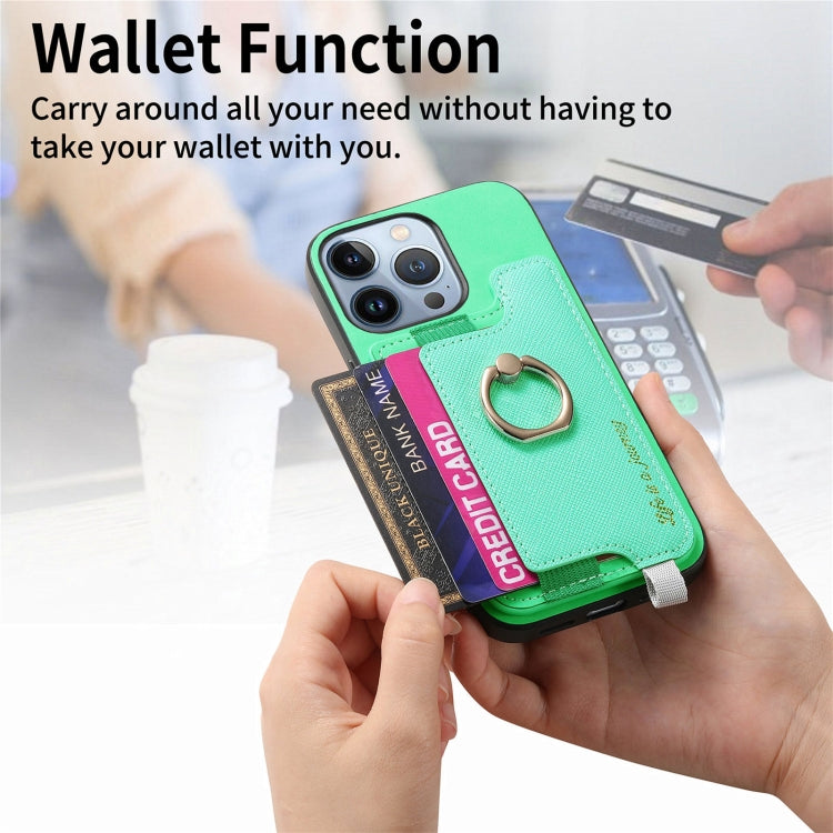 For iPhone 15 Retro Magsafe Cross Leather Ring Holder Card Bag Phone Case(Green) - iPhone 15 Cases by buy2fix | Online Shopping UK | buy2fix