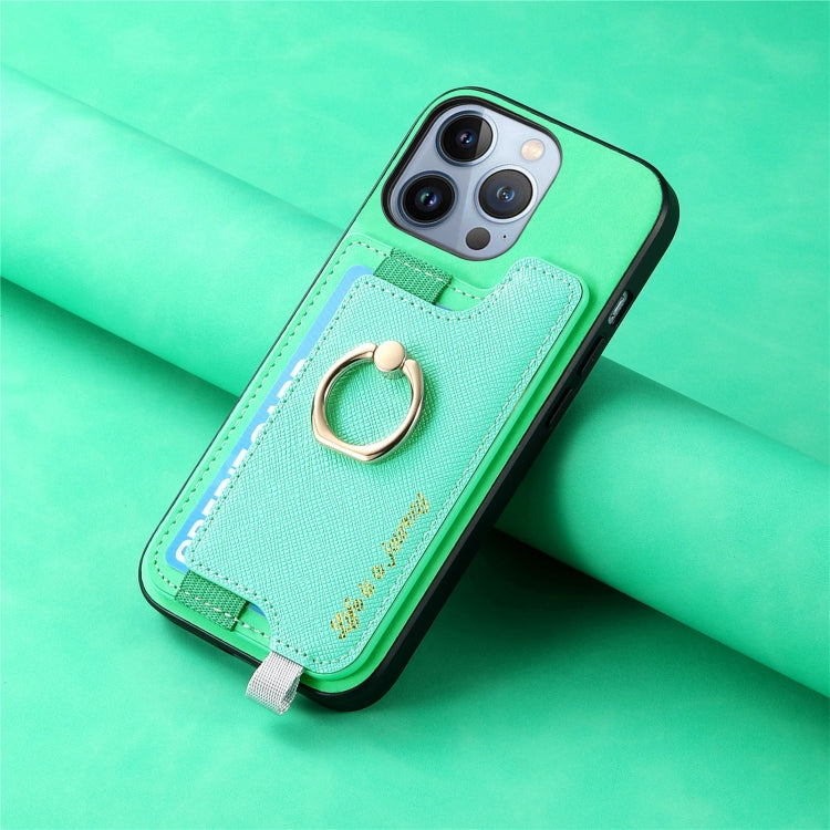 For iPhone 15 Retro Magsafe Cross Leather Ring Holder Card Bag Phone Case(Green) - iPhone 15 Cases by buy2fix | Online Shopping UK | buy2fix