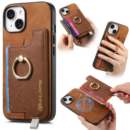 For iPhone 15 Retro Magsafe Cross Leather Ring Holder Card Bag Phone Case(Brown) - iPhone 15 Cases by buy2fix | Online Shopping UK | buy2fix