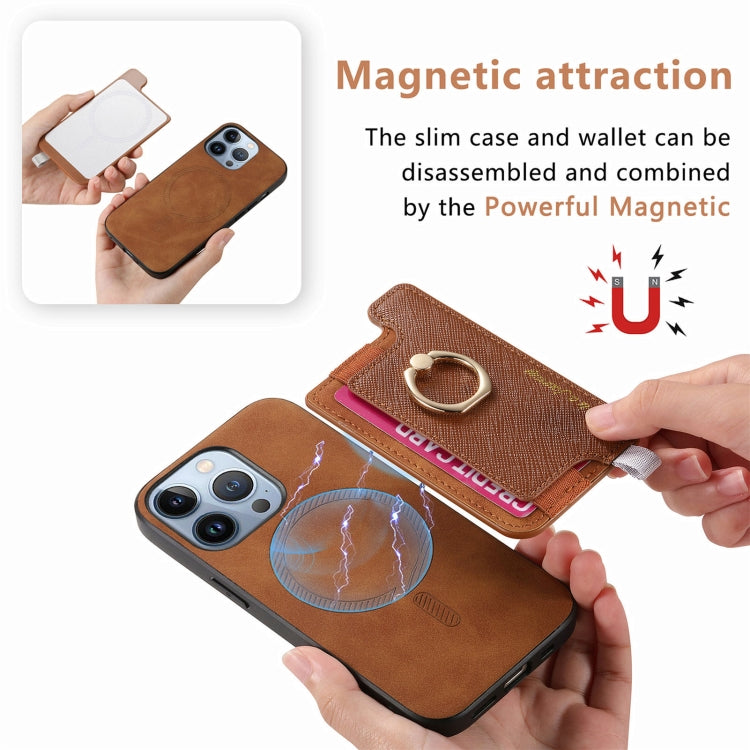 For iPhone 15 Retro Magsafe Cross Leather Ring Holder Card Bag Phone Case(Brown) - iPhone 15 Cases by buy2fix | Online Shopping UK | buy2fix