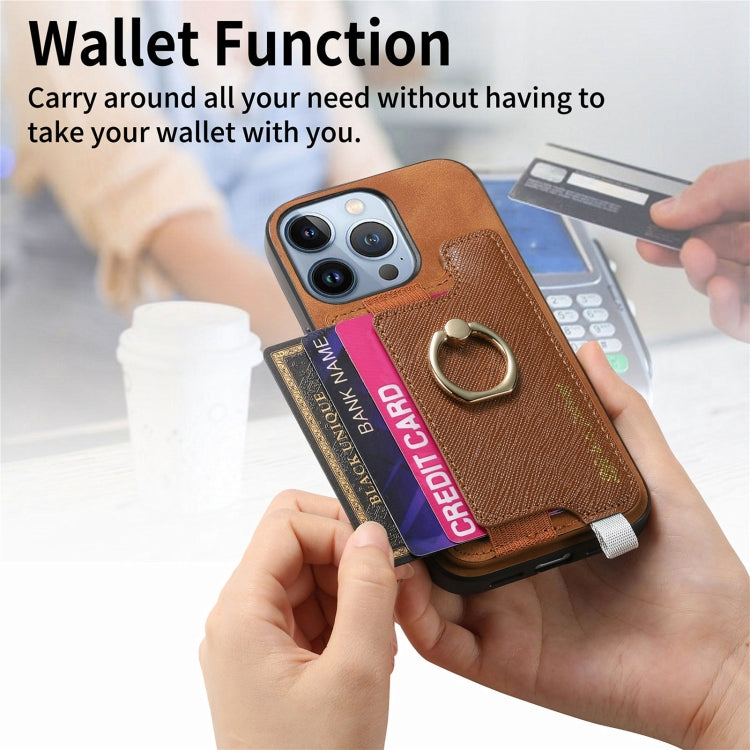 For iPhone 15 Retro Magsafe Cross Leather Ring Holder Card Bag Phone Case(Brown) - iPhone 15 Cases by buy2fix | Online Shopping UK | buy2fix