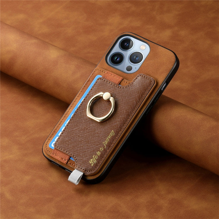 For iPhone 15 Retro Magsafe Cross Leather Ring Holder Card Bag Phone Case(Brown) - iPhone 15 Cases by buy2fix | Online Shopping UK | buy2fix