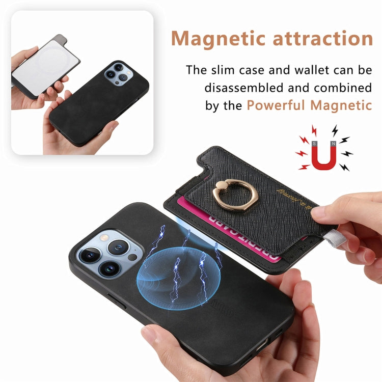 For iPhone 15 Retro Magsafe Cross Leather Ring Holder Card Bag Phone Case(Black) - iPhone 15 Cases by buy2fix | Online Shopping UK | buy2fix