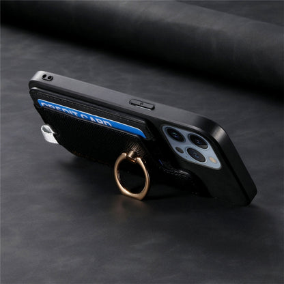 For iPhone 15 Retro Magsafe Cross Leather Ring Holder Card Bag Phone Case(Black) - iPhone 15 Cases by buy2fix | Online Shopping UK | buy2fix