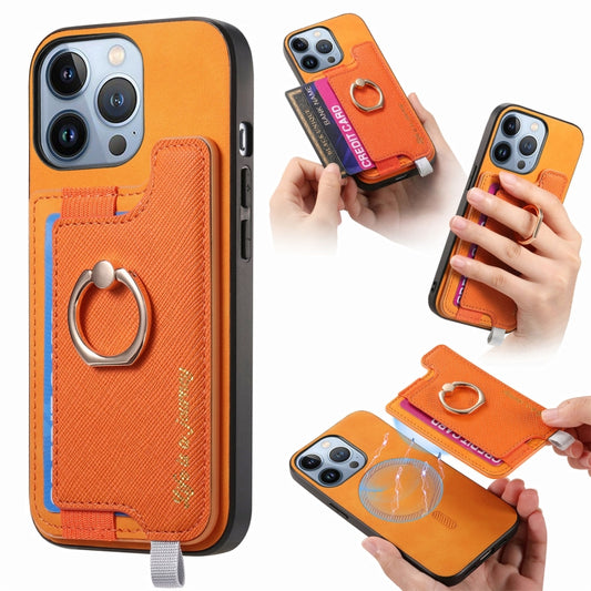 For iPhone 15 Pro Retro Magsafe Cross Leather Ring Holder Card Bag Phone Case(Yellow) - iPhone 15 Pro Cases by buy2fix | Online Shopping UK | buy2fix
