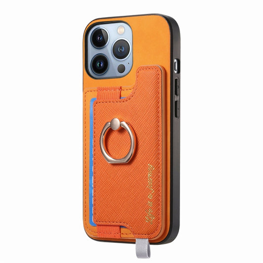 For iPhone 15 Pro Retro Magsafe Cross Leather Ring Holder Card Bag Phone Case(Yellow) - iPhone 15 Pro Cases by buy2fix | Online Shopping UK | buy2fix