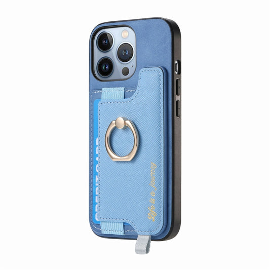 For iPhone 15 Pro Retro Magsafe Cross Leather Ring Holder Card Bag Phone Case(Blue) - iPhone 15 Pro Cases by buy2fix | Online Shopping UK | buy2fix