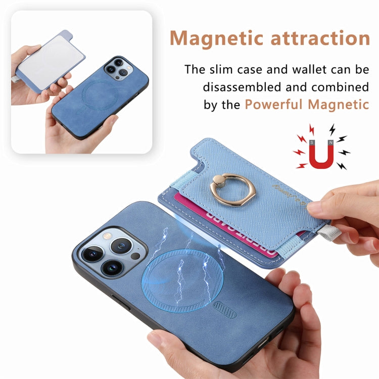 For iPhone 15 Pro Retro Magsafe Cross Leather Ring Holder Card Bag Phone Case(Blue) - iPhone 15 Pro Cases by buy2fix | Online Shopping UK | buy2fix