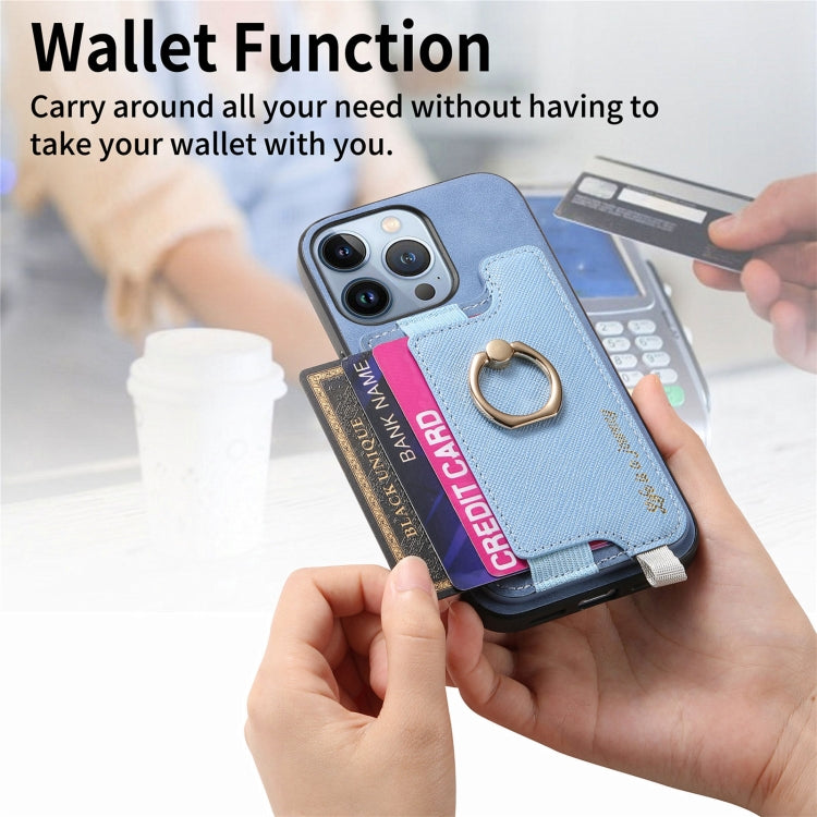 For iPhone 15 Pro Retro Magsafe Cross Leather Ring Holder Card Bag Phone Case(Blue) - iPhone 15 Pro Cases by buy2fix | Online Shopping UK | buy2fix
