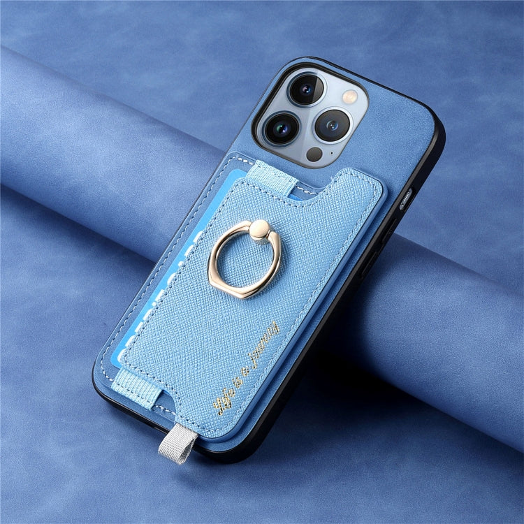 For iPhone 15 Pro Retro Magsafe Cross Leather Ring Holder Card Bag Phone Case(Blue) - iPhone 15 Pro Cases by buy2fix | Online Shopping UK | buy2fix
