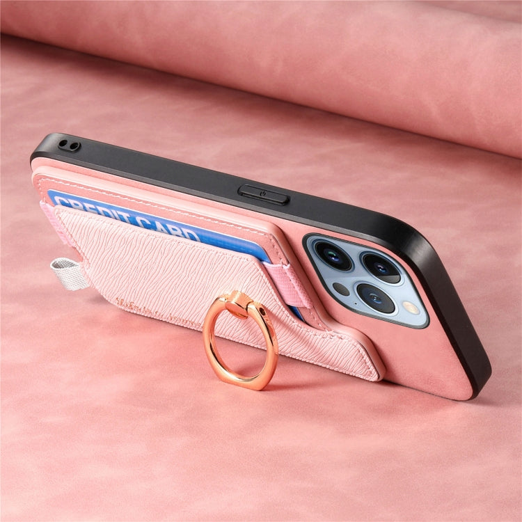 For iPhone 15 Pro Retro Magsafe Cross Leather Ring Holder Card Bag Phone Case(Pink) - iPhone 15 Pro Cases by buy2fix | Online Shopping UK | buy2fix
