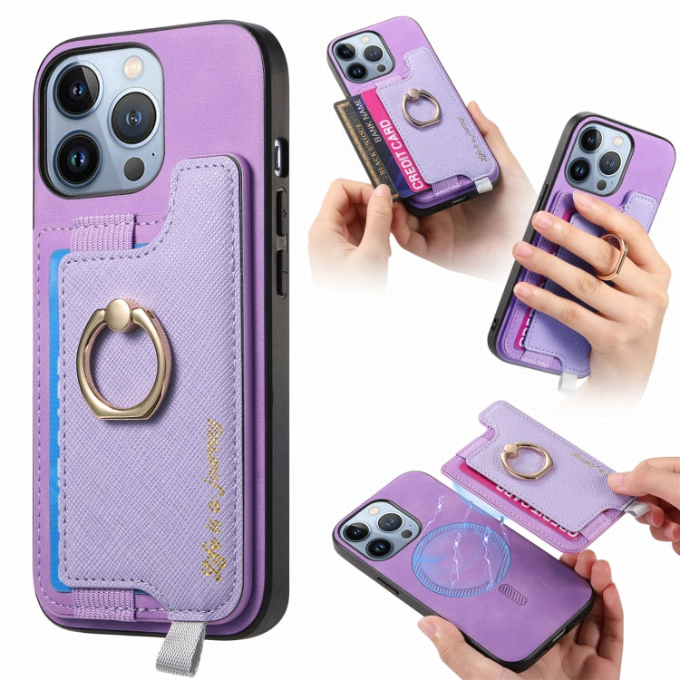 For iPhone 15 Pro Retro Magsafe Cross Leather Ring Holder Card Bag Phone Case(Purple) - iPhone 15 Pro Cases by buy2fix | Online Shopping UK | buy2fix