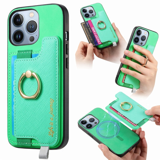 For iPhone 15 Pro Retro Magsafe Cross Leather Ring Holder Card Bag Phone Case(Green) - iPhone 15 Pro Cases by buy2fix | Online Shopping UK | buy2fix