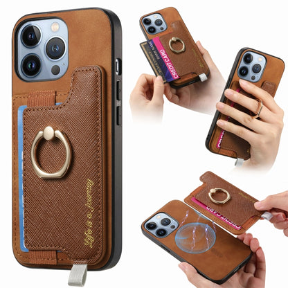 For iPhone 15 Pro Retro Magsafe Cross Leather Ring Holder Card Bag Phone Case(Brown) - iPhone 15 Pro Cases by buy2fix | Online Shopping UK | buy2fix