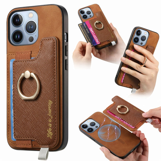 For iPhone 15 Pro Retro Magsafe Cross Leather Ring Holder Card Bag Phone Case(Brown) - iPhone 15 Pro Cases by buy2fix | Online Shopping UK | buy2fix