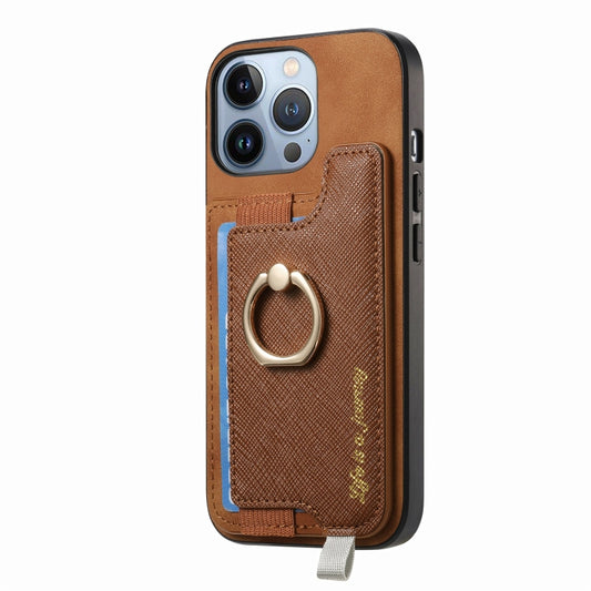 For iPhone 15 Pro Retro Magsafe Cross Leather Ring Holder Card Bag Phone Case(Brown) - iPhone 15 Pro Cases by buy2fix | Online Shopping UK | buy2fix