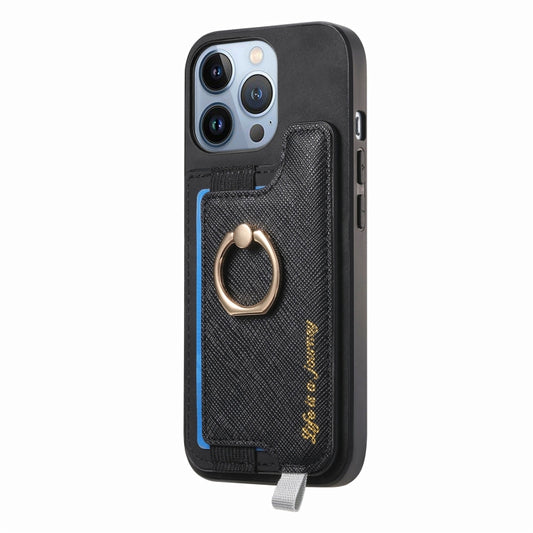 For iPhone 15 Pro Retro Magsafe Cross Leather Ring Holder Card Bag Phone Case(Black) - iPhone 15 Pro Cases by buy2fix | Online Shopping UK | buy2fix