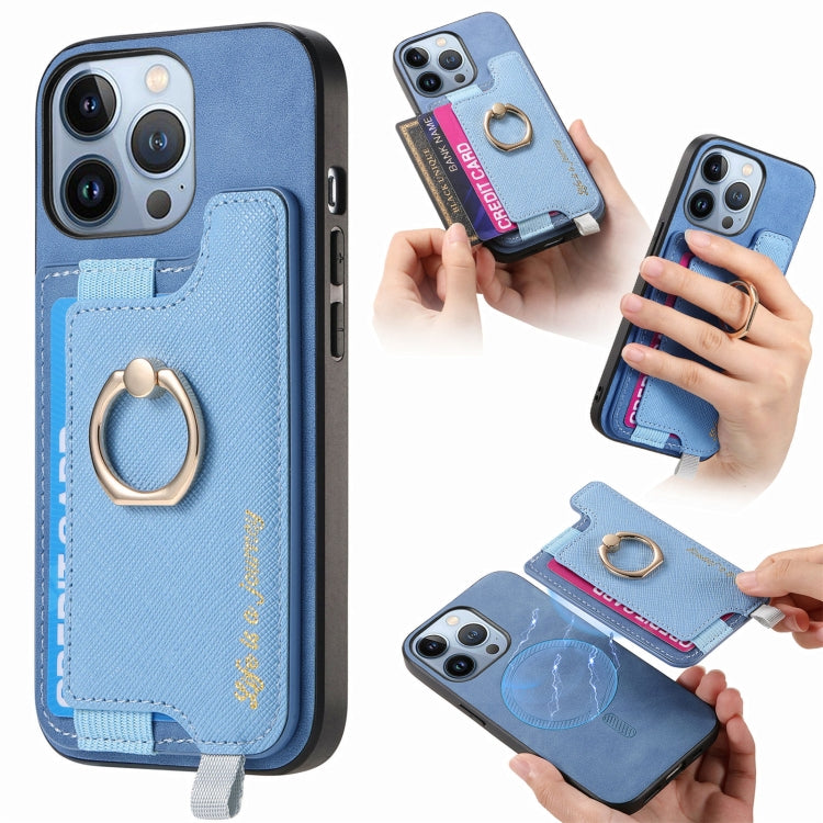 For iPhone 15 Pro max Retro Magsafe Cross Leather Ring Holder Card Bag Phone Case(Blue) - iPhone 15 Pro Max Cases by buy2fix | Online Shopping UK | buy2fix