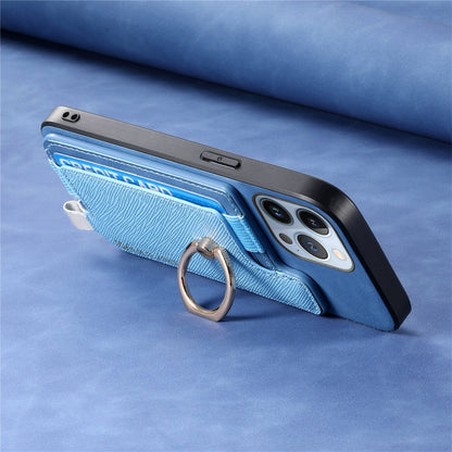 For iPhone 15 Pro max Retro Magsafe Cross Leather Ring Holder Card Bag Phone Case(Blue) - iPhone 15 Pro Max Cases by buy2fix | Online Shopping UK | buy2fix