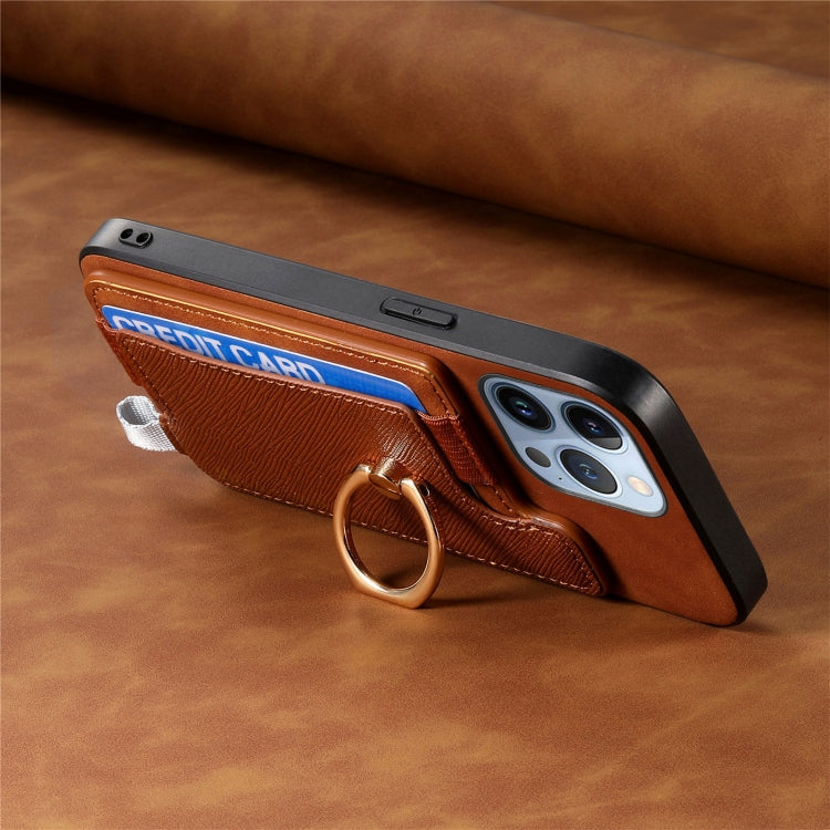 For iPhone 15 Pro max Retro Magsafe Cross Leather Ring Holder Card Bag Phone Case(Brown) - iPhone 15 Pro Max Cases by buy2fix | Online Shopping UK | buy2fix