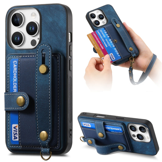For iPhone 16 Pro Retro Cross Wristband Wallet Leather Back Phone Case(Blue) by buy2fix