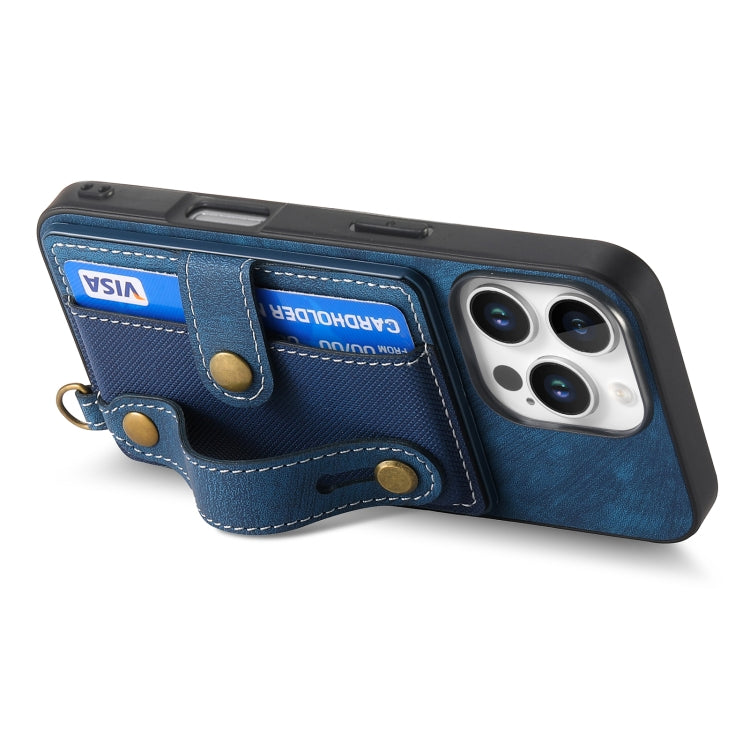 For iPhone 16 Pro Retro Cross Wristband Wallet Leather Back Phone Case(Blue) by buy2fix