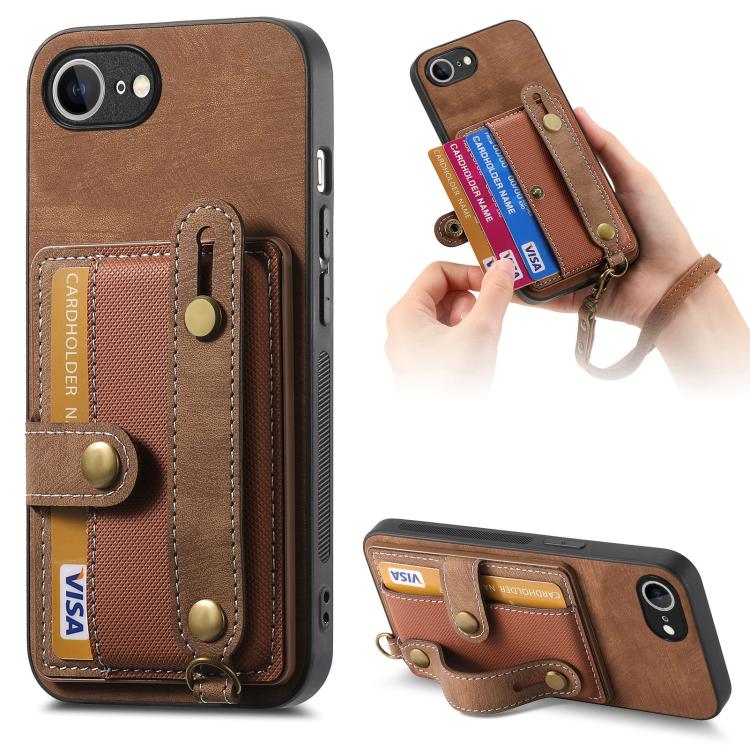 For iPhone 16e Retro Cross Wristband Wallet Leather Back Phone Case(Brown) - iPhone 16e Cases by buy2fix | Online Shopping UK | buy2fix