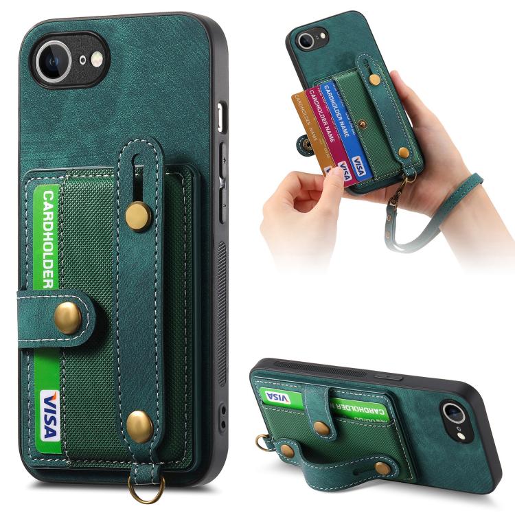 For iPhone 16e Retro Cross Wristband Wallet Leather Back Phone Case(Green) - iPhone 16e Cases by buy2fix | Online Shopping UK | buy2fix