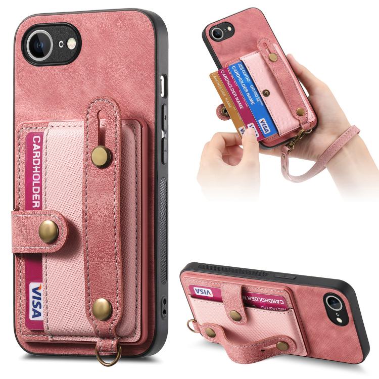 For iPhone 16e Retro Cross Wristband Wallet Leather Back Phone Case(Pink) - iPhone 16e Cases by buy2fix | Online Shopping UK | buy2fix