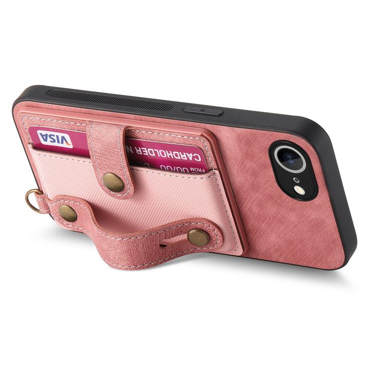 For iPhone 16e Retro Cross Wristband Wallet Leather Back Phone Case(Pink) - iPhone 16e Cases by buy2fix | Online Shopping UK | buy2fix
