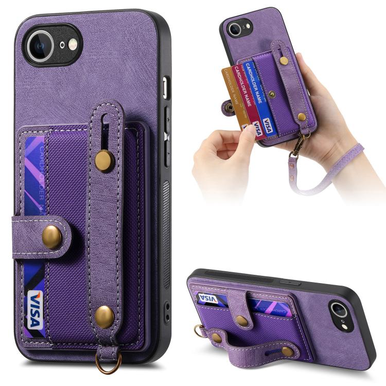 For iPhone 16e Retro Cross Wristband Wallet Leather Back Phone Case(Purple) - iPhone 16e Cases by buy2fix | Online Shopping UK | buy2fix