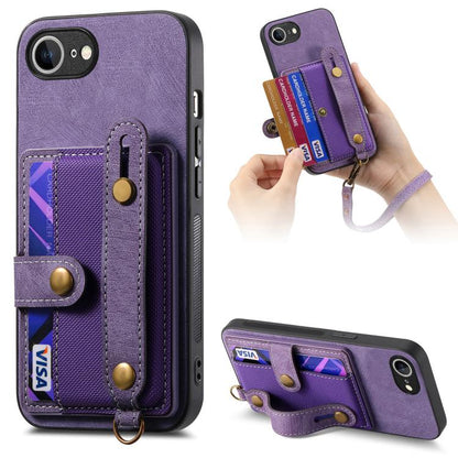 For iPhone 16e Retro Cross Wristband Wallet Leather Back Phone Case(Purple) - iPhone 16e Cases by buy2fix | Online Shopping UK | buy2fix