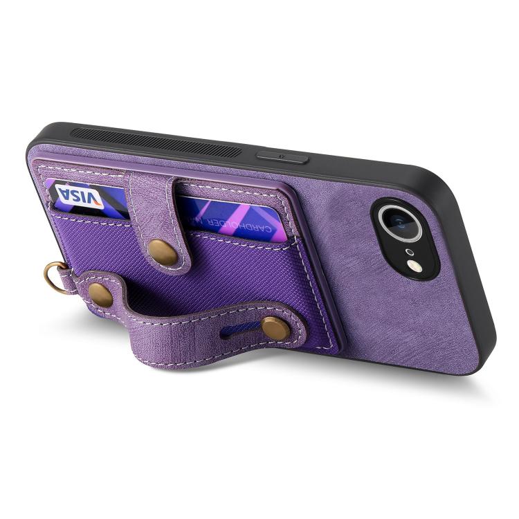 For iPhone 16e Retro Cross Wristband Wallet Leather Back Phone Case(Purple) - iPhone 16e Cases by buy2fix | Online Shopping UK | buy2fix