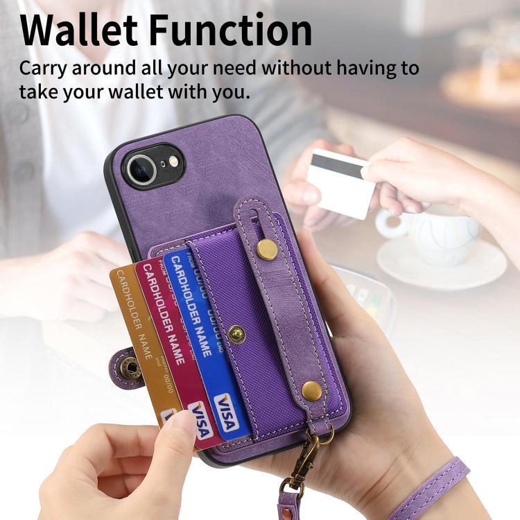 For iPhone 16e Retro Cross Wristband Wallet Leather Back Phone Case(Purple) - iPhone 16e Cases by buy2fix | Online Shopping UK | buy2fix