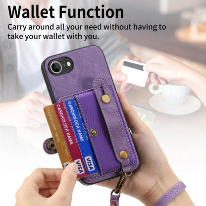 For iPhone 16e Retro Cross Wristband Wallet Leather Back Phone Case(Purple) - iPhone 16e Cases by buy2fix | Online Shopping UK | buy2fix
