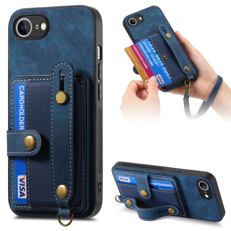 For iPhone 16e Retro Cross Wristband Wallet Leather Back Phone Case(Blue) - iPhone 16e Cases by buy2fix | Online Shopping UK | buy2fix