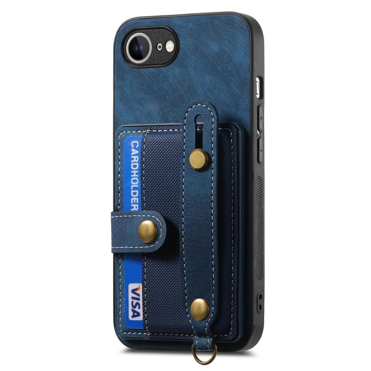 For iPhone 16e Retro Cross Wristband Wallet Leather Back Phone Case(Blue) - iPhone 16e Cases by buy2fix | Online Shopping UK | buy2fix
