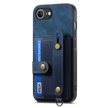 For iPhone 16e Retro Cross Wristband Wallet Leather Back Phone Case(Blue) - iPhone 16e Cases by buy2fix | Online Shopping UK | buy2fix